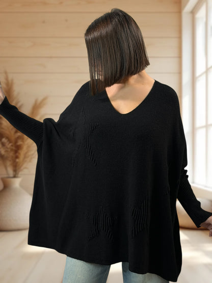 ZAZA - PULL OVERSIZE NOIR MOTIF ETOILE JUSQU'A LA TAILLE 56