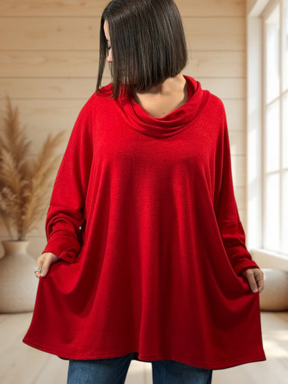 ABIGAIL - PULL OVERSIZE ROUGE EN MAILLE FLUIDE JUSQU'A LA TAILLE 56