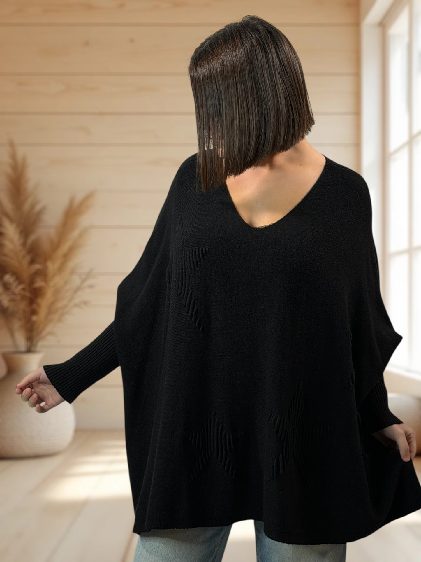 ZAZA - PULL OVERSIZE NOIR MOTIF ETOILE JUSQU'A LA TAILLE 56