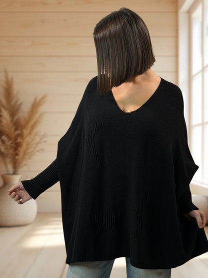 ZAZA - PULL OVERSIZE NOIR MOTIF ETOILE JUSQU'A LA TAILLE 56