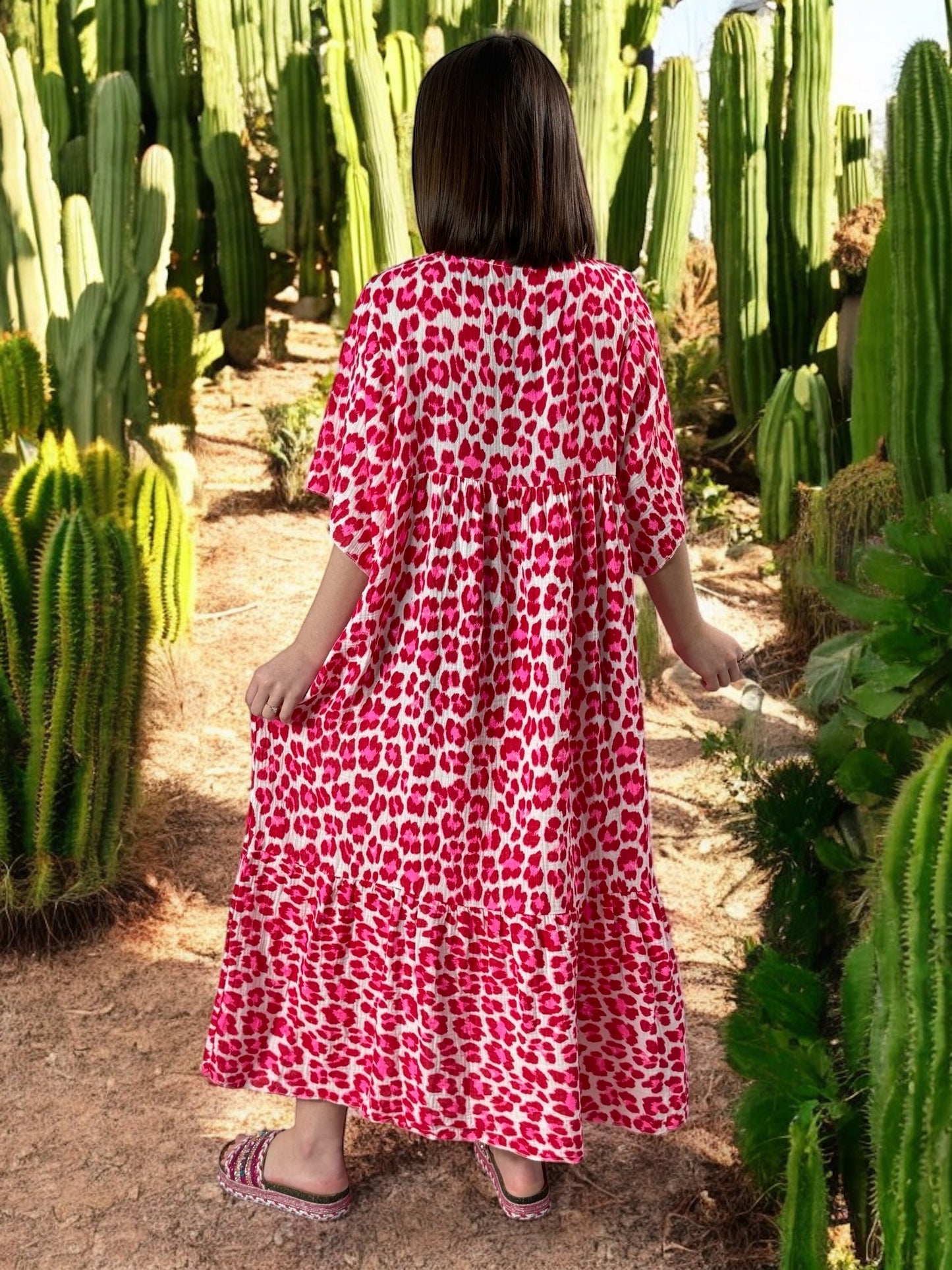 MADO - ROBE LEOPARD ROUGE FUCHSIA BOHEME JUSQU'A LA TAILLE 56