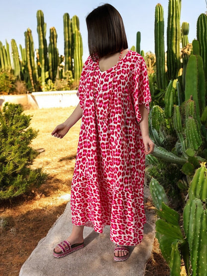 MADO - ROBE LEOPARD ROUGE FUCHSIA BOHEME JUSQU'A LA TAILLE 56