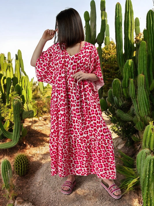 MADO - ROBE LEOPARD ROUGE FUCHSIA BOHEME JUSQU'A LA TAILLE 56