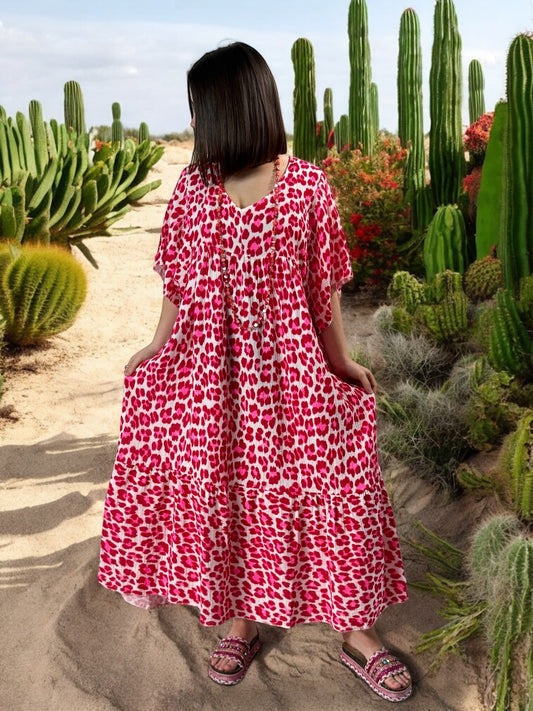 MADO - ROBE LEOPARD ROUGE FUCHSIA BOHEME JUSQU'A LA TAILLE 56