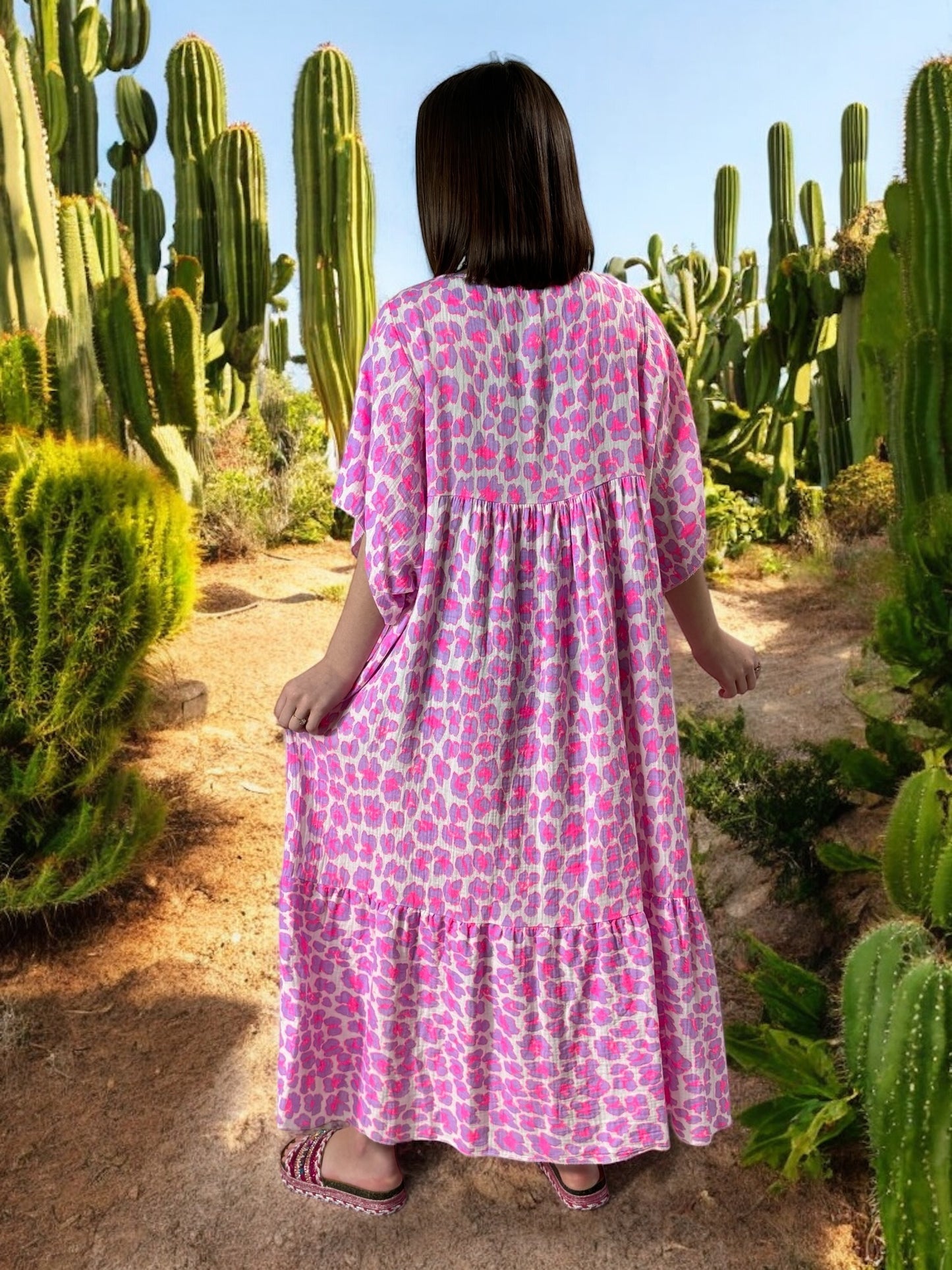 MADO - ROBE LEOPARD LILAS FUCHSIA BOHEME JUSQU'A LA TAILLE 56