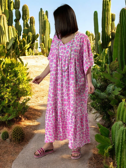 MADO - ROBE LEOPARD LILAS FUCHSIA BOHEME JUSQU'A LA TAILLE 56