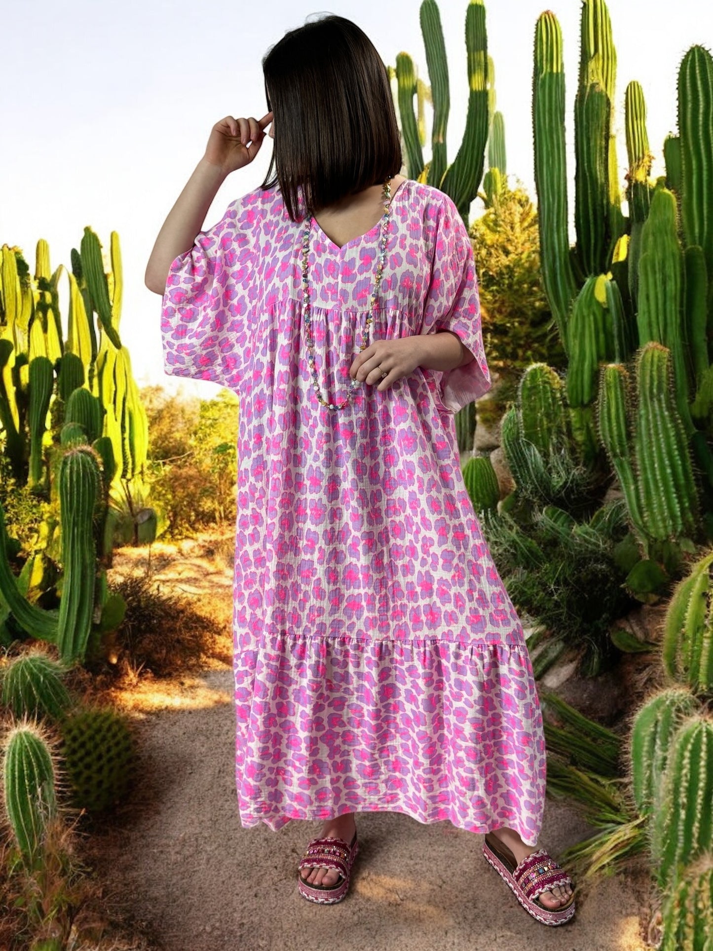 MADO - ROBE LEOPARD LILAS FUCHSIA BOHEME JUSQU'A LA TAILLE 56