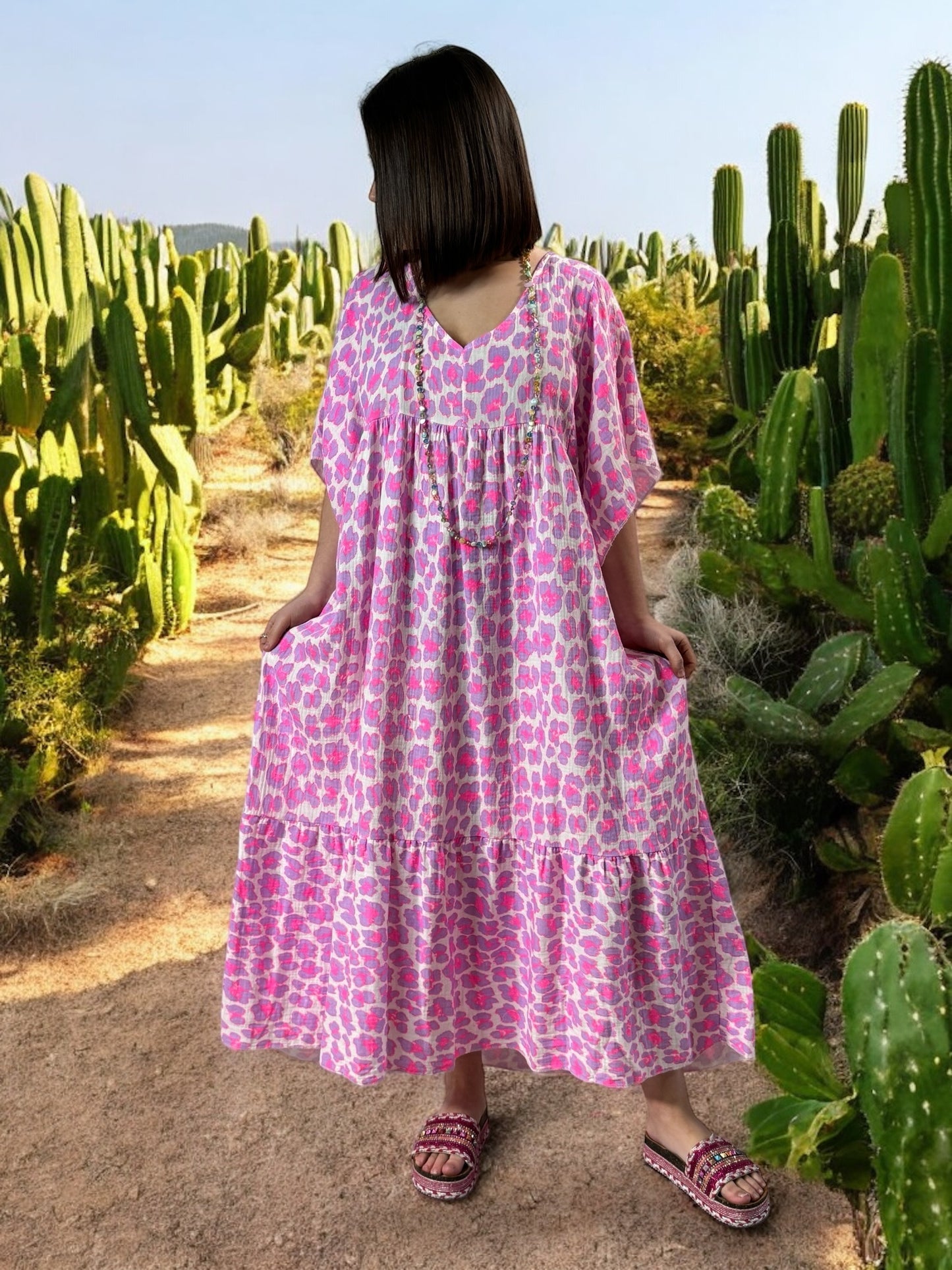 MADO - ROBE LEOPARD LILAS FUCHSIA BOHEME JUSQU'A LA TAILLE 56