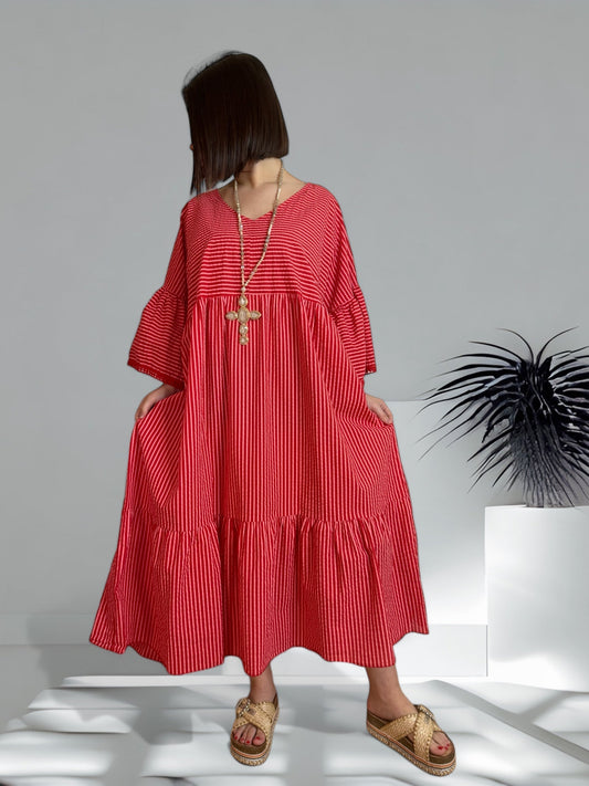 DONNA - ROBE ROUGE A RAYURE JUSQU'A LA TAILLE 46/48 A 56