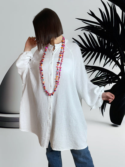 SUNSHINE - CHEMISE OVERSIZE BLANCHE TEXTURE GAUFRE JUSQU'A LA TAILLE 56
