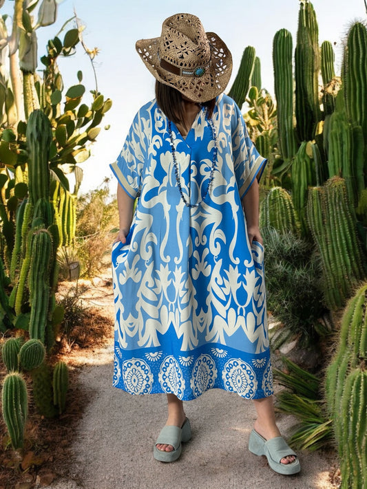 LALY - ROBE OVERSIZE MOTIF BLEU JUSQU'A LA TAILLE 54