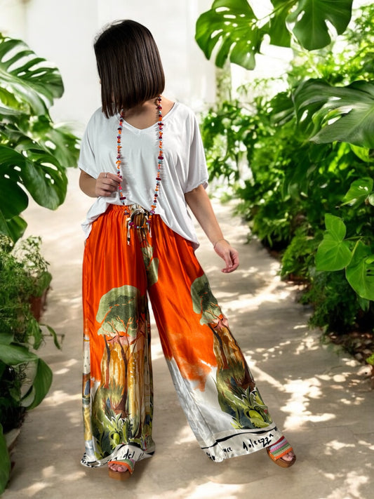 ARTISTE - PANTALON FLUIDE SATINE ORANGE A MOTIF JUSQU'A LA TAILLE 48
