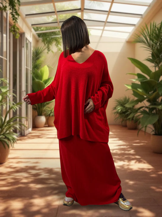 FAUSTINE - ENSEMBLE EN MAILLE ROUGE JUSQU'A LA TAILLE 52/54