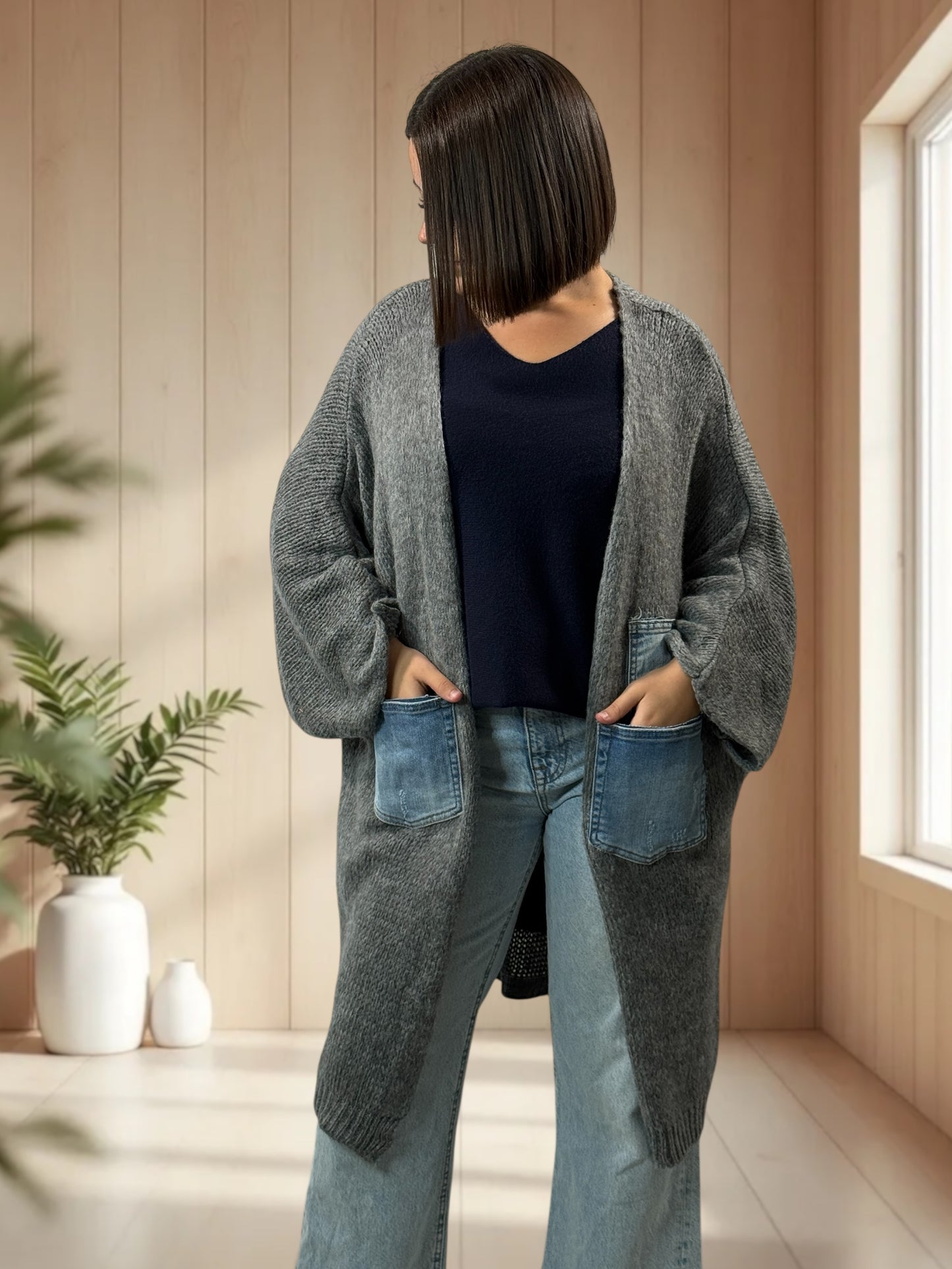 SANTANA - GILET OVERSIZE GRIS POCHES EN JEAN JUSQU'A LA TAILLE 52