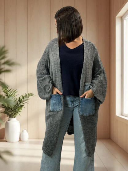 SANTANA - GILET OVERSIZE GRIS POCHES EN JEAN JUSQU'A LA TAILLE 52