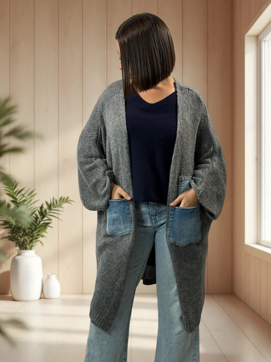 SANTANA - GILET OVERSIZE GRIS POCHES EN JEAN JUSQU'A LA TAILLE 52
