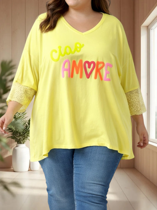 AMORE - TEE-SHIRT JAUNE MANCHES EN DENTELLE JUSQU'A LA TAILLE 54