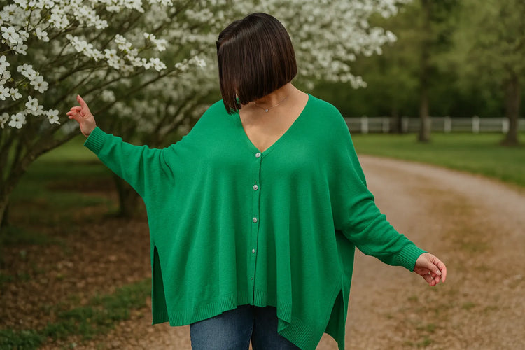 Pull vert évasé grande taille à coupe fluide pour femme ronde, Lyly la Comtesse